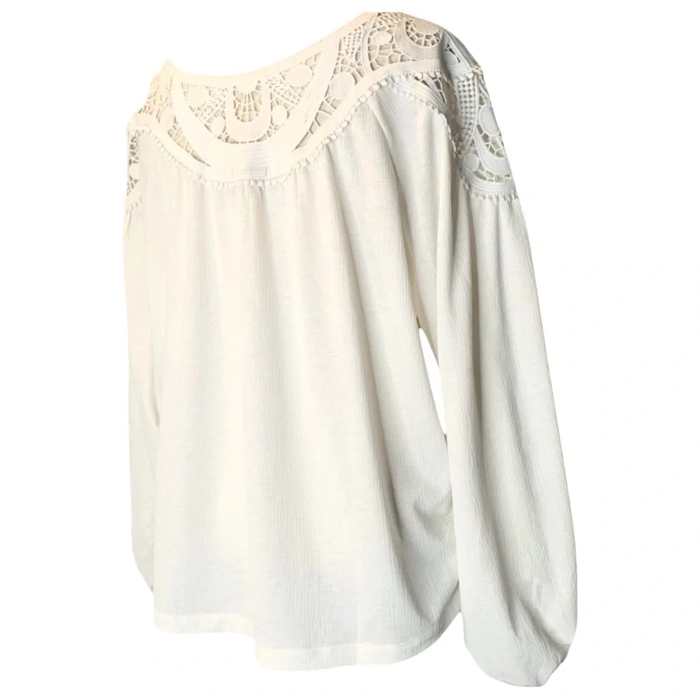 Ann Taylor Lace Yoke Knit Blouse Ivory Long Sleeve Pullover Size Medium